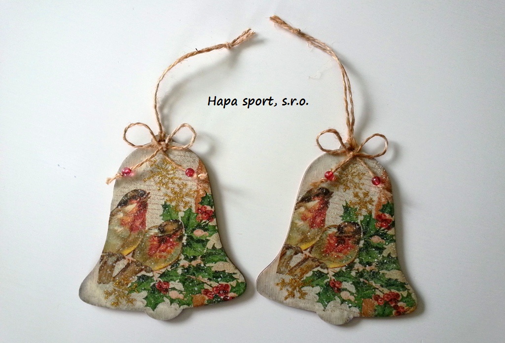Dekorace dřevěný výřez - zvonek - 12cm vintage zimní ptáčci ( 1ks )