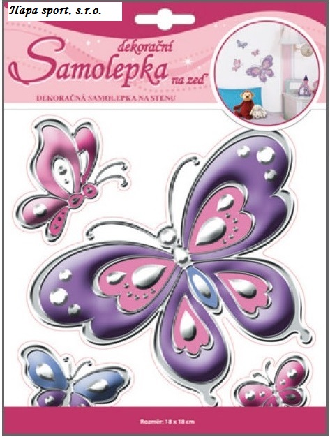 Samolepky na zeď - motýli se stříbrnou konturou a kamínky 3D ( 18x18cm )