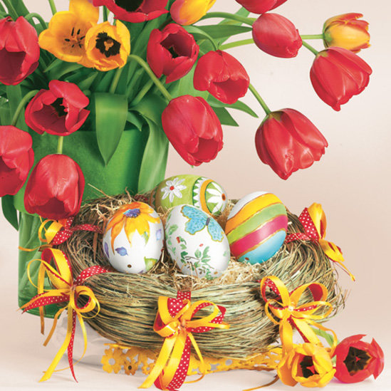 Ubrousek - červené a žluté tulipány 33x33 cm
