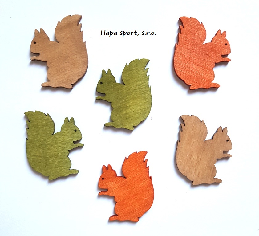 Dřevěné veverky 4cm - 6 ks ( oranžová, zelená, natur )