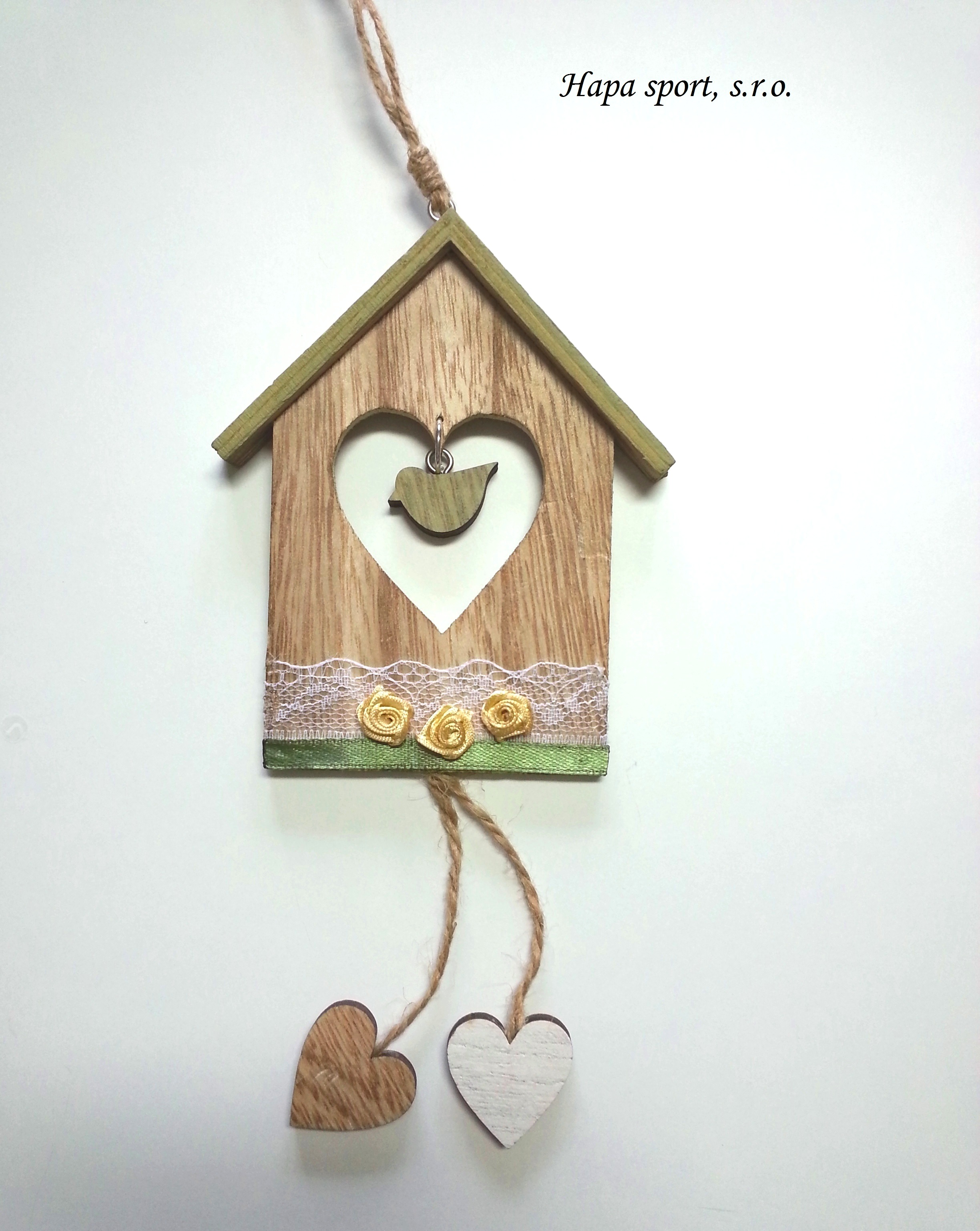 Dřevěný domeček se srdíčky - béžové růže - 12 x 10cm